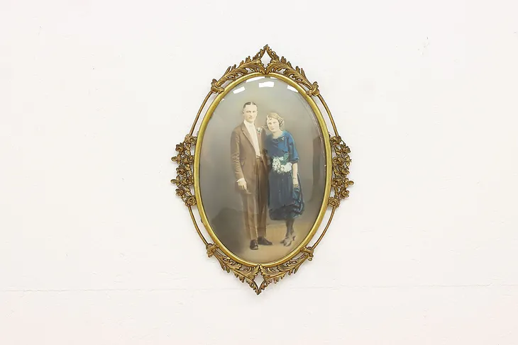 Portrait Antique Oval Brass Frame with Roses, Convex Glass #43793