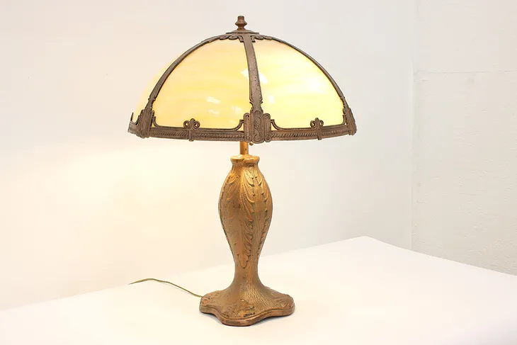 Stained Glass Shade Antique Office or Library Lamp, Embossed Base #42383