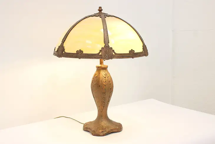 Stained Glass Shade Antique Office or Library Lamp, Embossed Base #42383