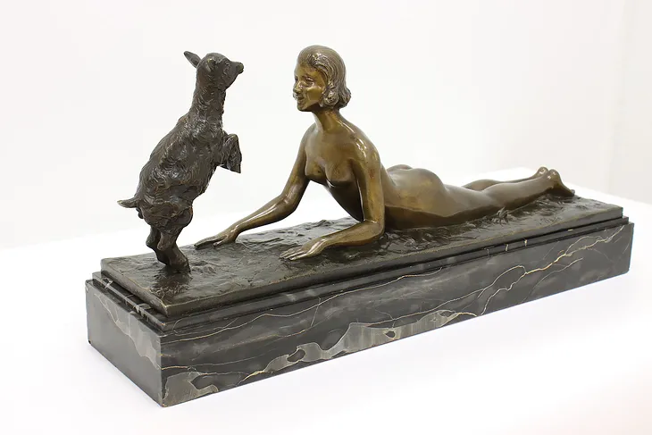 Art Deco French Bronze Sculpture of Nude & Pet Goat, Marble Base, D'Aste #44299
