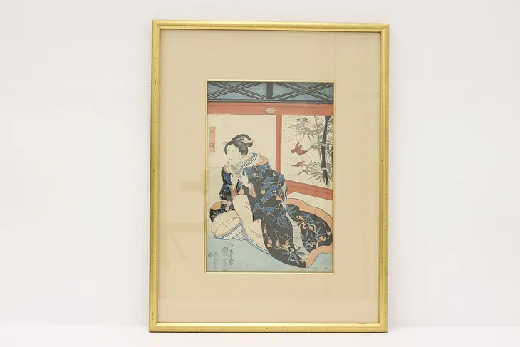 Japanese Antique Ukiyo-e Style Samurai Woodblock Print, Signed 22" #44172