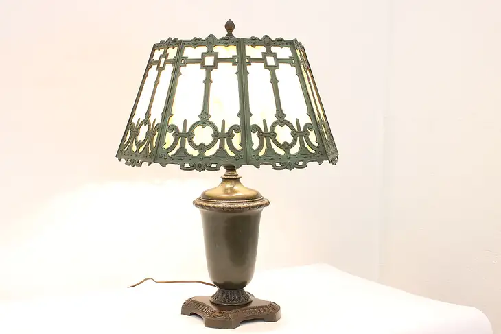 Stained Glass Shade Antique Office or Library Desk Lamp, Urn Base #42307