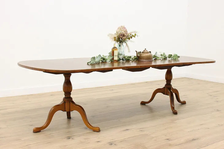 Georgian Design Vintage English Banded Burl & Yew Dining Table, 2 Leaves #34559