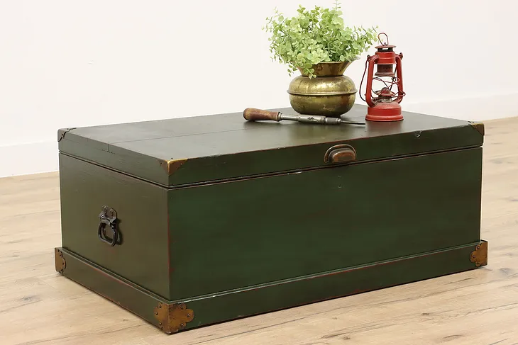 Farmhouse Vintage Green Painted Carpenter Tool Chest or Coffee Table #44500