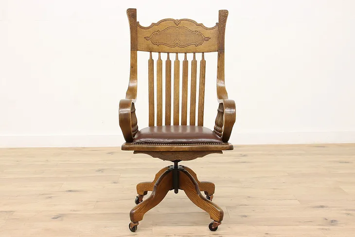 Victorian Antique Oak Swivel Adjustable Leather Office Desk Chair Crocker #44440