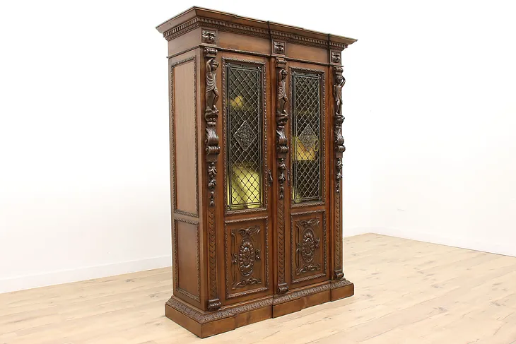 Renaissance Antique Office Bookcase, Display Cabinet, Sculpted Figures #42184
