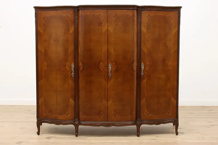 Italian Antique Walnut & Burl Marquetry Armoire, Wardrobe, or Closet #44169