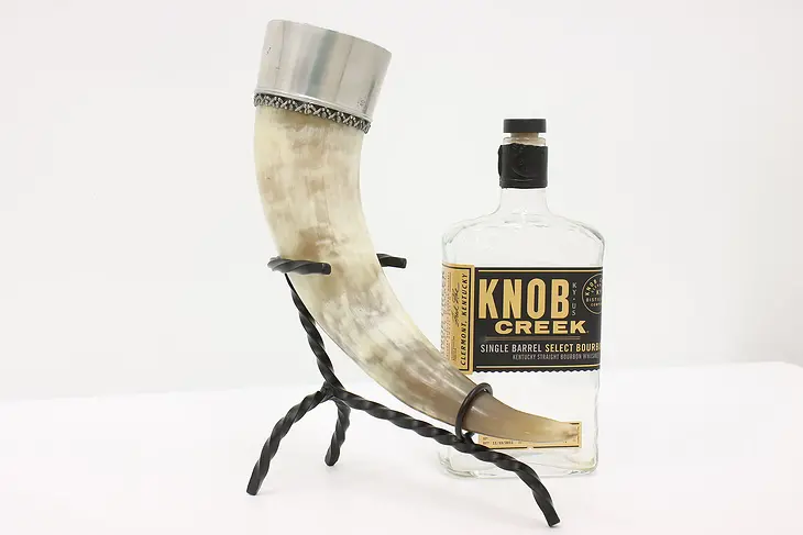German Vintage Ceremonial Drinking Horn, Pewter Rim, Iron Stand Schreiner #44215