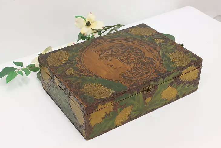 Art Nouveau Antique Burnt Wood Pyrography Painted Jewelry or Keepsake Box #44302