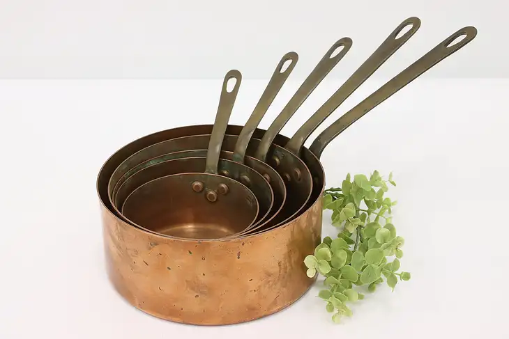 Set of 5 Farmhouse Antique French Copper Sauce Pans or Pots Brass Handles #44323