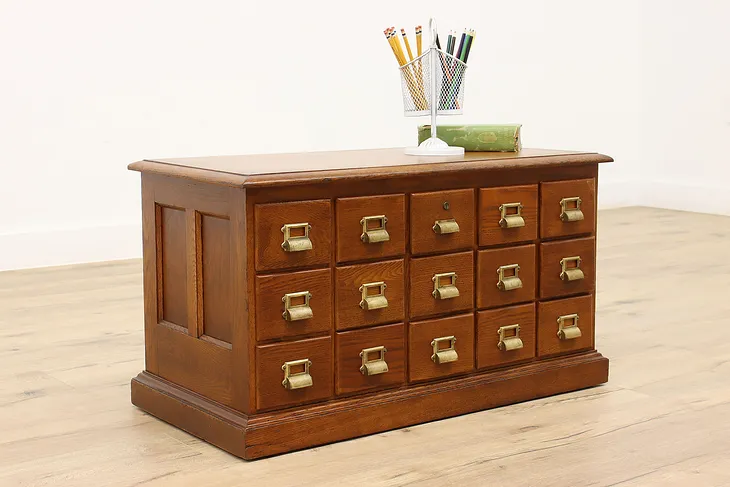Oak Antique 15 Drawer Office File or Collector Cabinet Coffee Table #44249