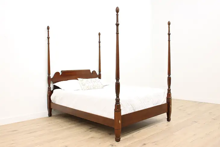 Georgian Design Vintage Carved Cherry Queen Size Poster Bed, Statton #44486