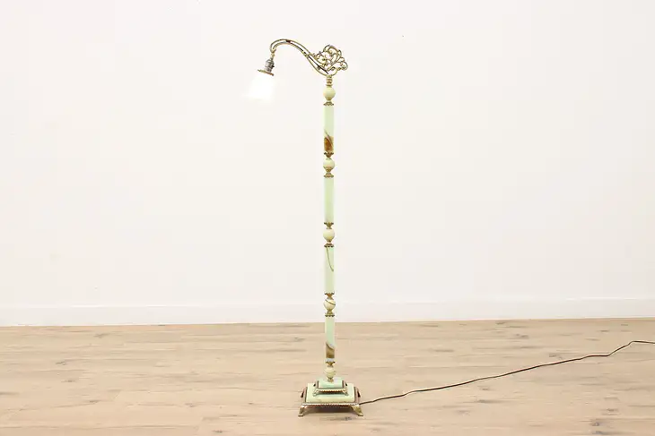 Art Deco Antique Floor Reading or Bridge Lamp, Green Slag Glass #44503