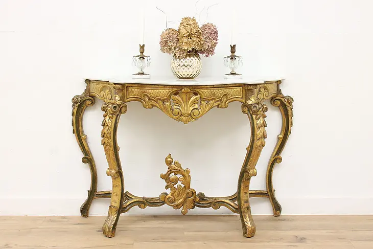 Italian Rococo Antique Hand Carved Console or Sofa Table, Marble Top #44308