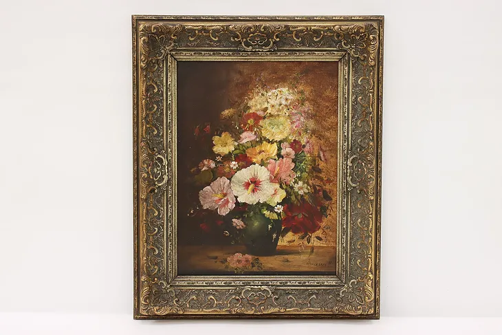 Still Life of Flowers in Vase Vintage Original Oil Painting, Signed 22" #44274
