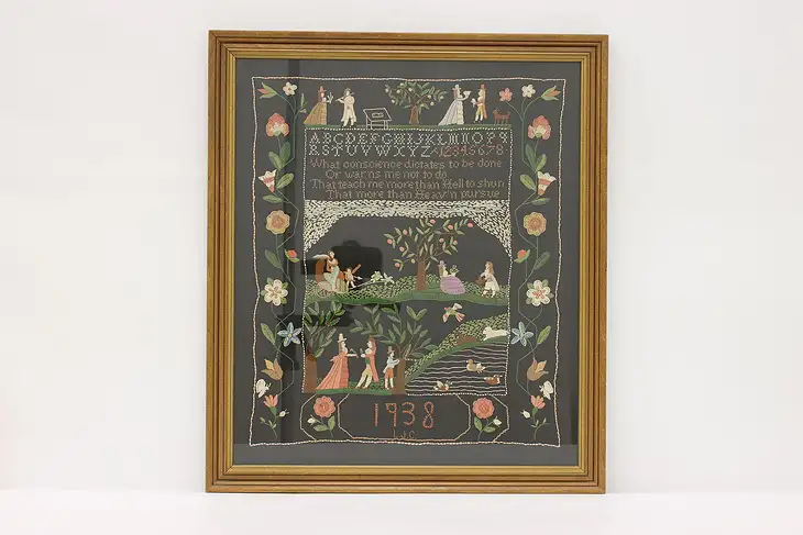 Child's Vintage Hand Stitched Embroidery Sampler Signed LJC 1938 #44190