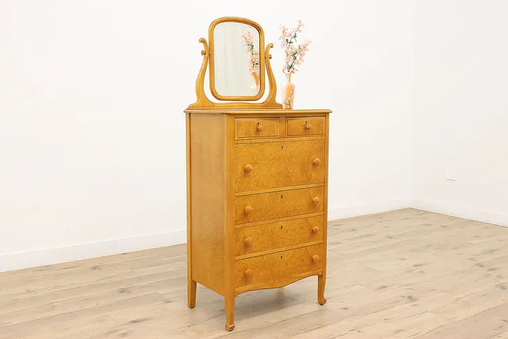 Antique Birdseye Curly Maple Dresser & Mirror, Woodard #44412
