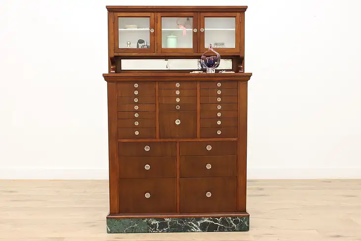 Dentist Antique Mahogany Dental, Jewelry, or Collector Cabinet, Marble #38386