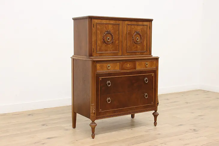 French Design Antique Walnut & Marquetry Tall Dresser Chifferobe, Kiel #44415