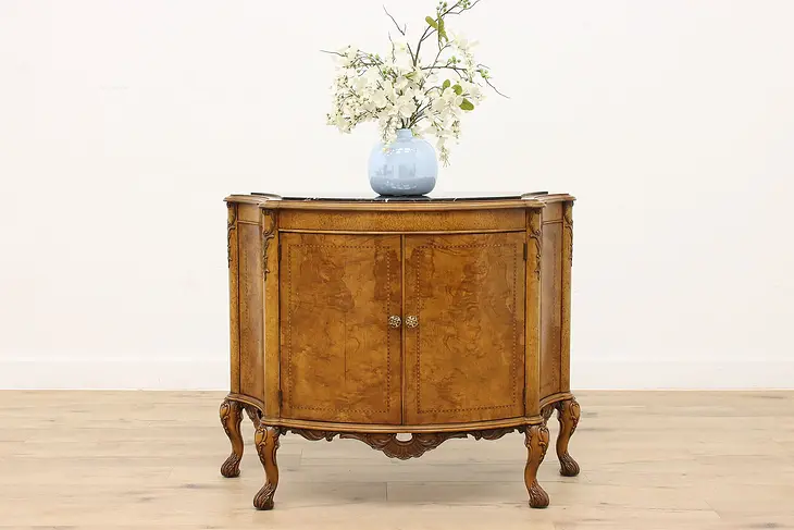 French Design Vintage Olivewood Burl Demilune or Hall Console, Marble Top #44448