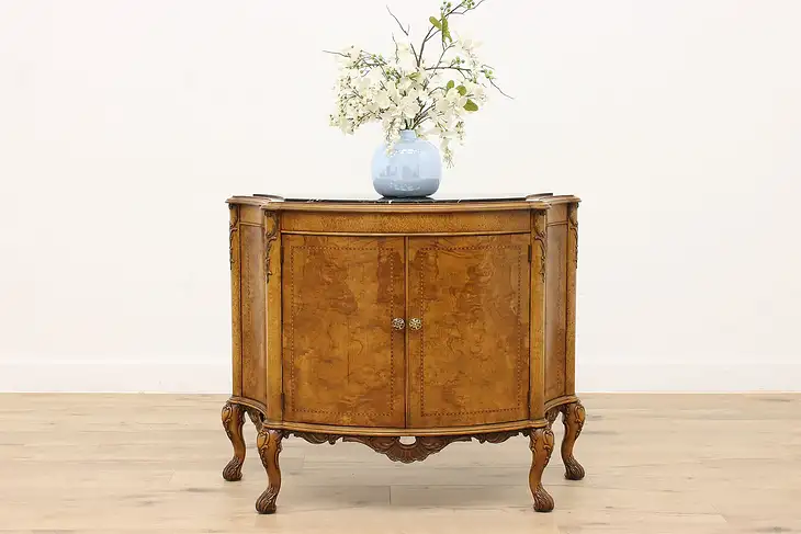 French Design Vintage Olivewood Burl Demilune or Hall Console, Marble Top #44448