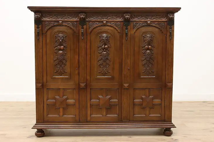 Italian Renaissance Antique Oak Triple China China Cabinet or Bookcase #44346