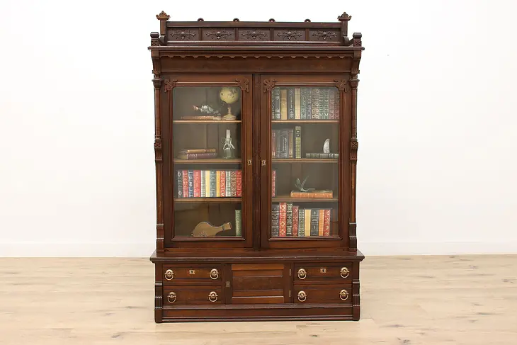 Victorian Eastlake Antique Walnut & Burl Office or Library Bookcase #40992