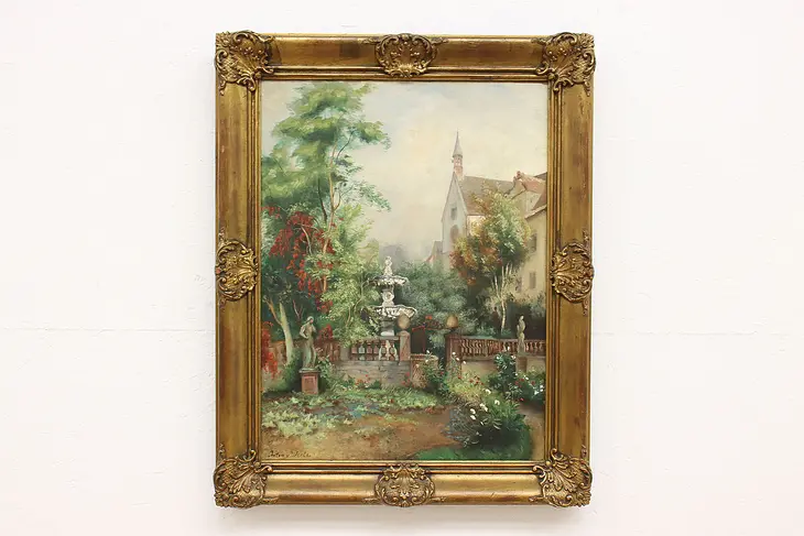 Churchyard Garden & Fountain Antique Original Oil Painting, Werle 31" #43815