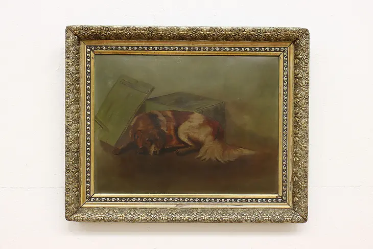 Victorian Stray Dog Portrait Antique Original Oil Painting 31.5" #44083