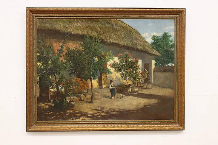 Thatched Cottage & Child Antique Original Oil Painting, Jotran 36" #44624