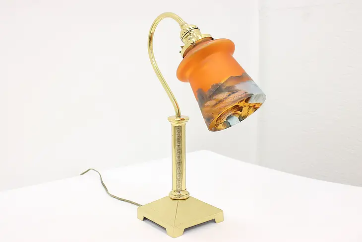 Art Deco Antique Brass Office or Library Desk Lamp, Hand Painted Shade #44446