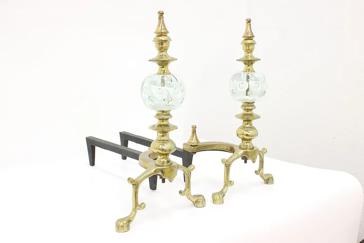 Pair of Vintage Brass & Glass Paperweight Fireplace Hearth Andirons #44603