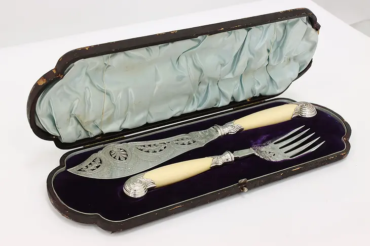 Victorian Antique English Silver Fish Carving Knife & Fork Set, Case #43842