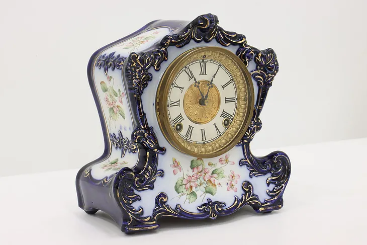 Victorian Antique Cobalt Blue Porcelain Mantel Clock, Ansonia #43505