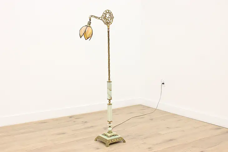 Art Nouveau Antique Floor Reading or Bridge Lamp, Stained Glass Base #44724