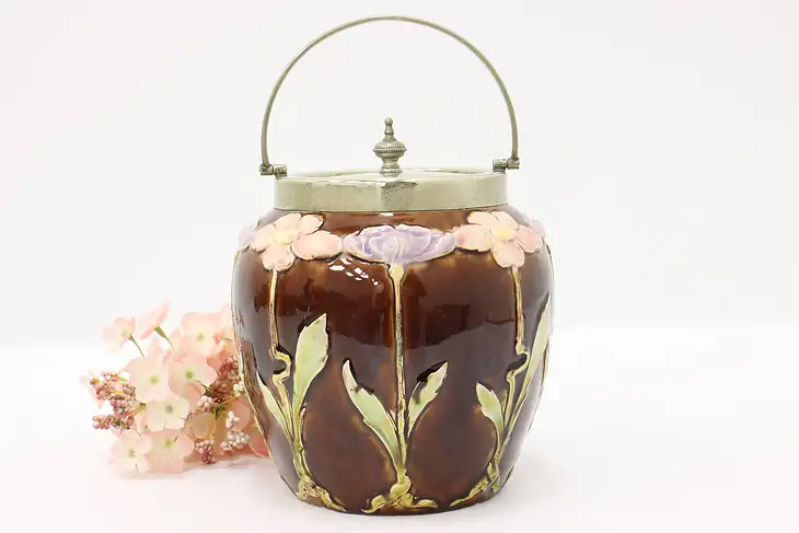 Vintage Enameled Ceramic and Silverplate Biscuit or Cookie Jar #44655