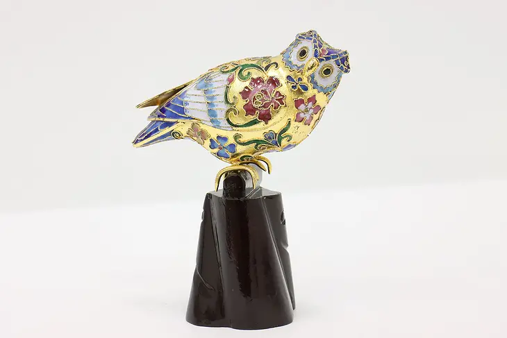 Chinese Cloisonne Traditional Vintage Inlaid Enamel Owl on Perch #44540