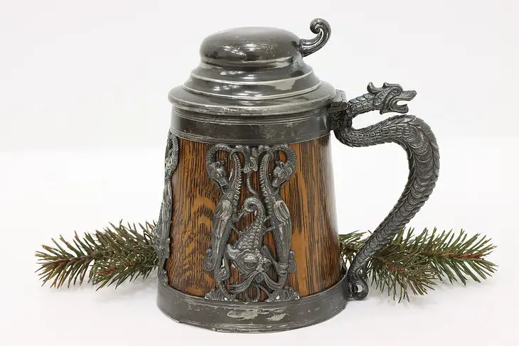 Farmhouse Antique Silverplate & Oak Beer Stein w/ Dragons, St. Louis #44246