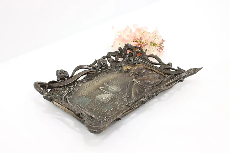 Antique Art Nouveau Woman & Swans Classical Bronze Plaque or Jewelry Tray #44669