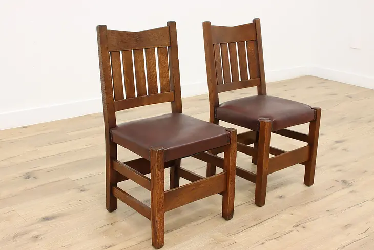 Pair of Arts & Crafts Antique Oak Craftsman Leather Office or Desk Chairs #44563