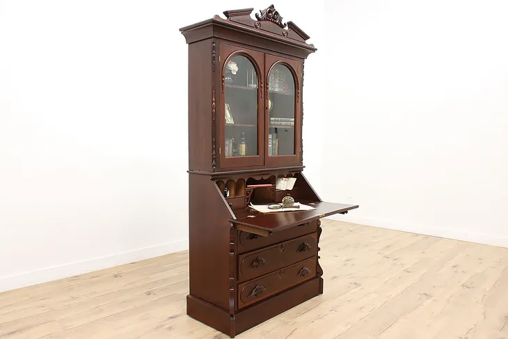 Victorian Antique 1860 Walnut Slant Front Secretary Desk & Bookcase #43554