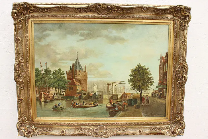 Antique Dutch Oil Painting, Weeping Tower and Canal, Wadman 35" #44720