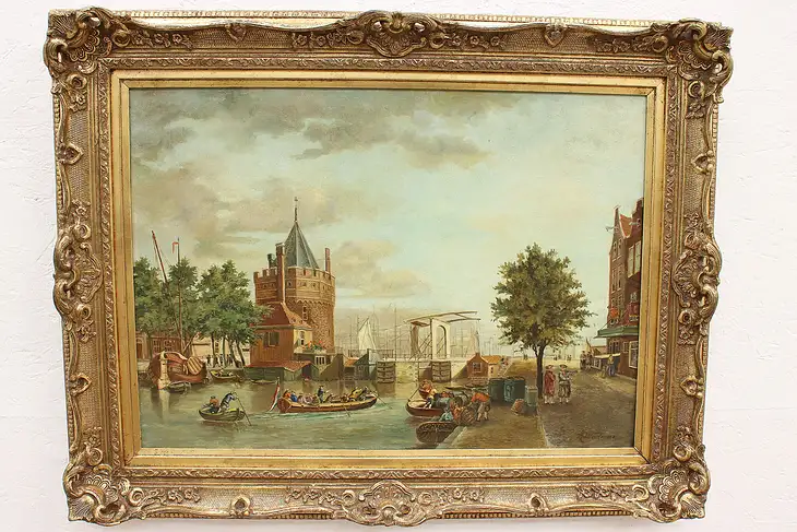 Antique Dutch Oil Painting, Weeping Tower and Canal, Wadman 35" #44720