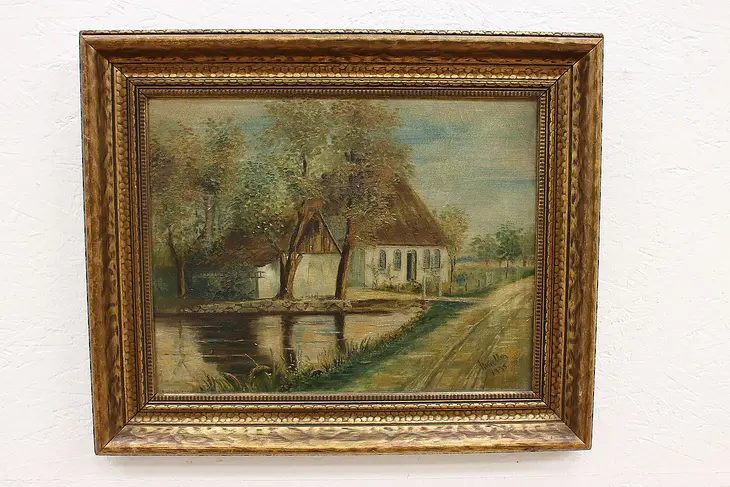 Antique Oil Painting of Cottages and Pond, Signed 24" #44646