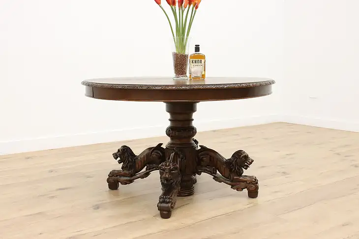 Oak Antique Black Forest Dining, Hall or Breakfast Table Carved Lion Base #44335