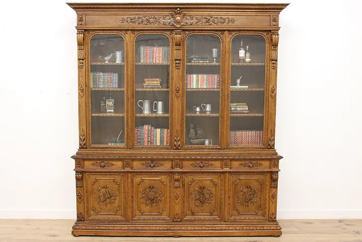 Black Forest Antique Carved Oak Arts & Sciences Bookcase or China Cabinet #43802