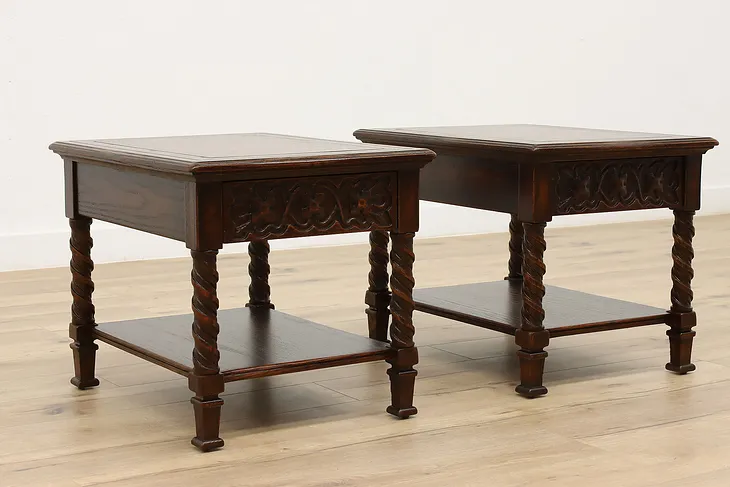 Pair of Vintage English Tudor Walnut Nightstands or End Tables, Jamestown #44676