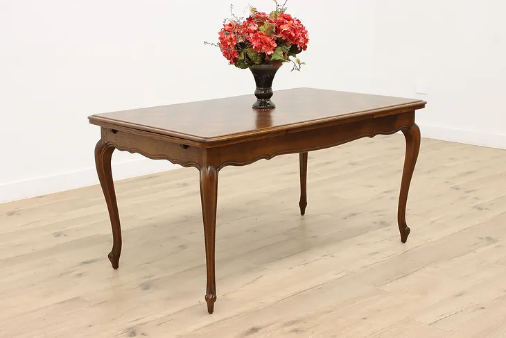 Country French Provincial Antique Oak Parquetry Dining Table & Leaves #44325