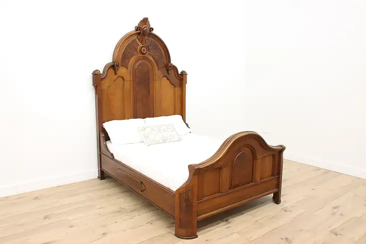 Victorian Renaissance Antique Carved Walnut & Burl Full Size Bed #44453