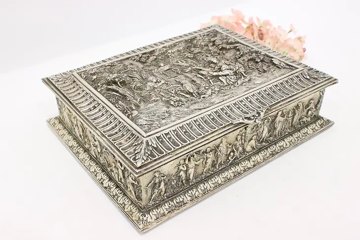 Victorian Antique Silverplate Jewelry Box, Classical Garden Scenes #44630